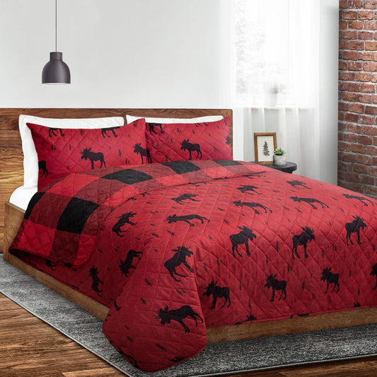 Reversible Printed Quilt Bedding Set 3 Piece King 104X92 Red Moose Rustic Cabin